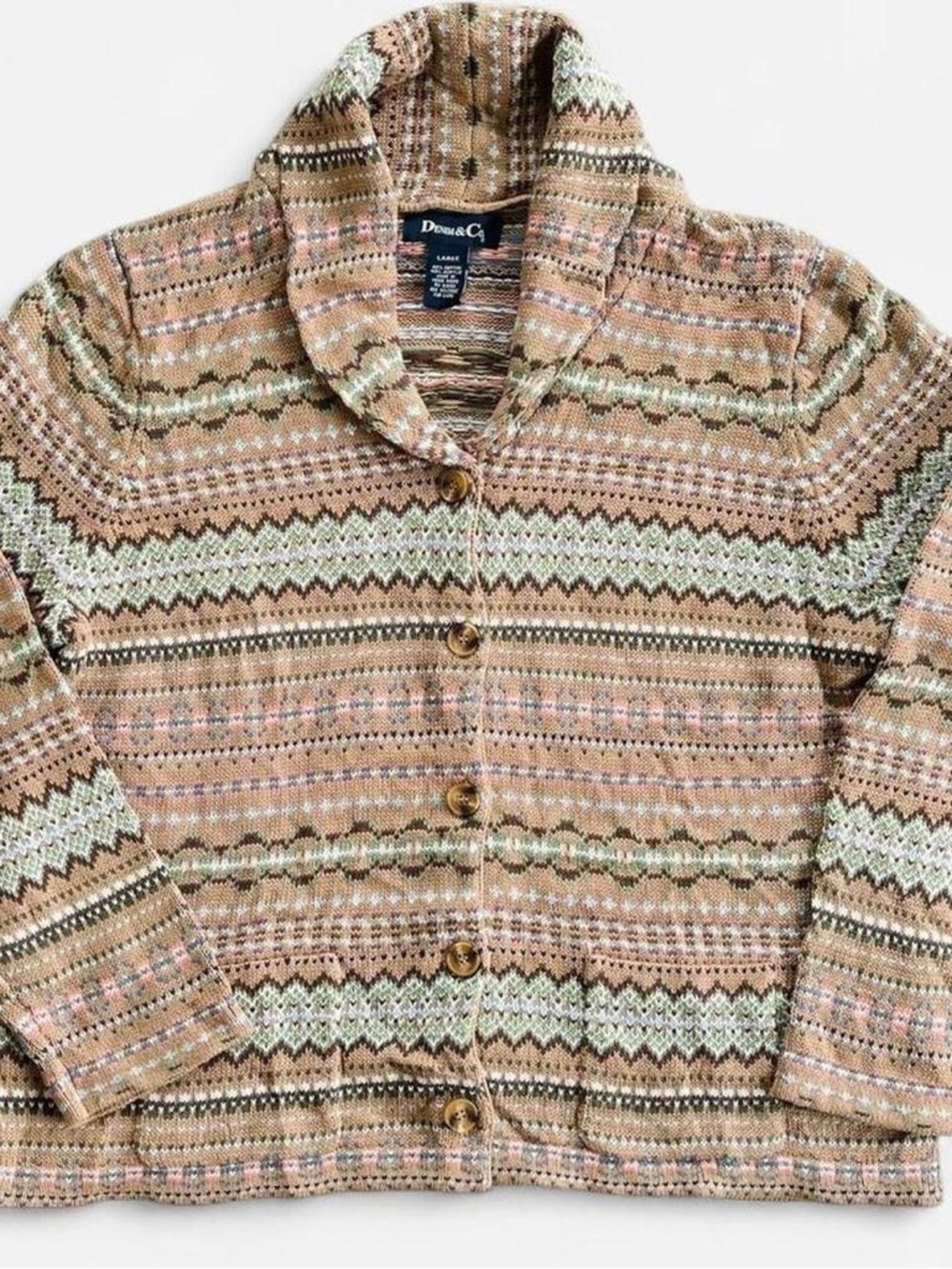 Denim & Co. Tan Multicolor Fair Isle Shawl Collar Knit Cardigan Sweater L